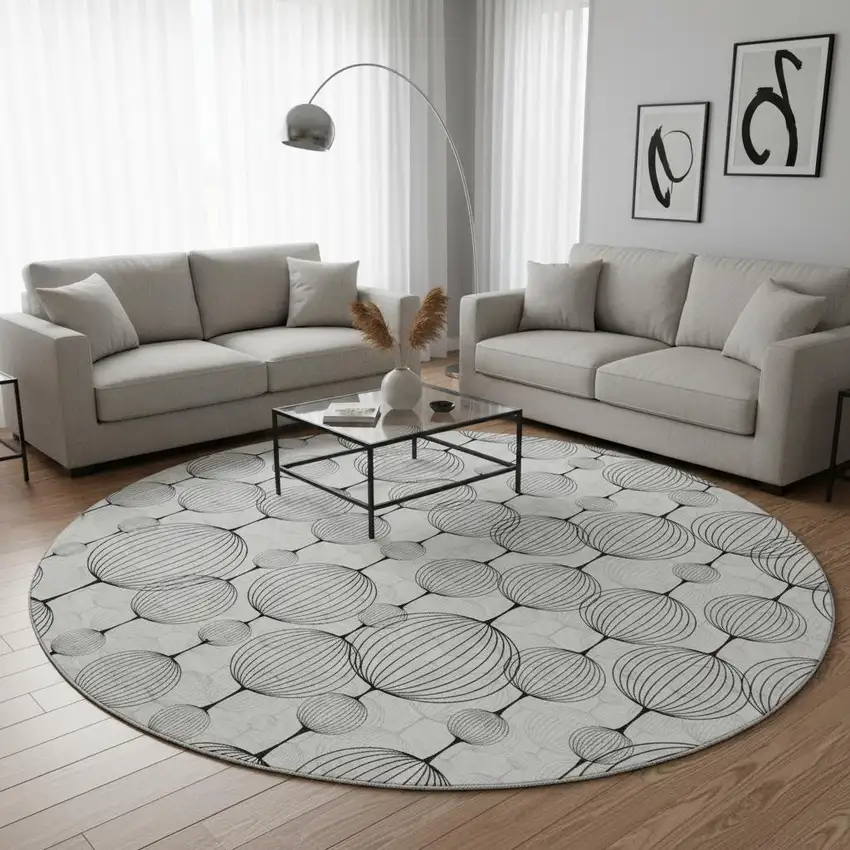 8' Graphite And Silver Geometric Washable Round Rug With UV Protection Photo 2