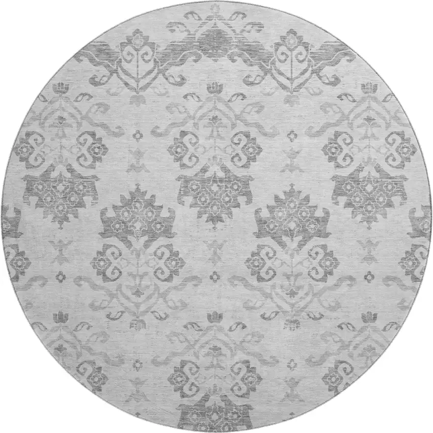 8' Graphite And Silver Medallion Washable Round Rug With UV Protection Photo 1