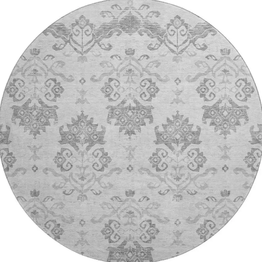 8' Graphite And Silver Medallion Washable Round Rug With UV Protection Photo 4