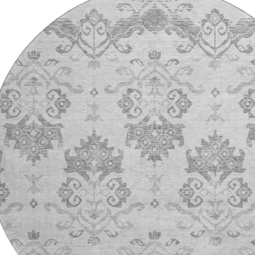 8' Graphite And Silver Medallion Washable Round Rug With UV Protection Photo 3