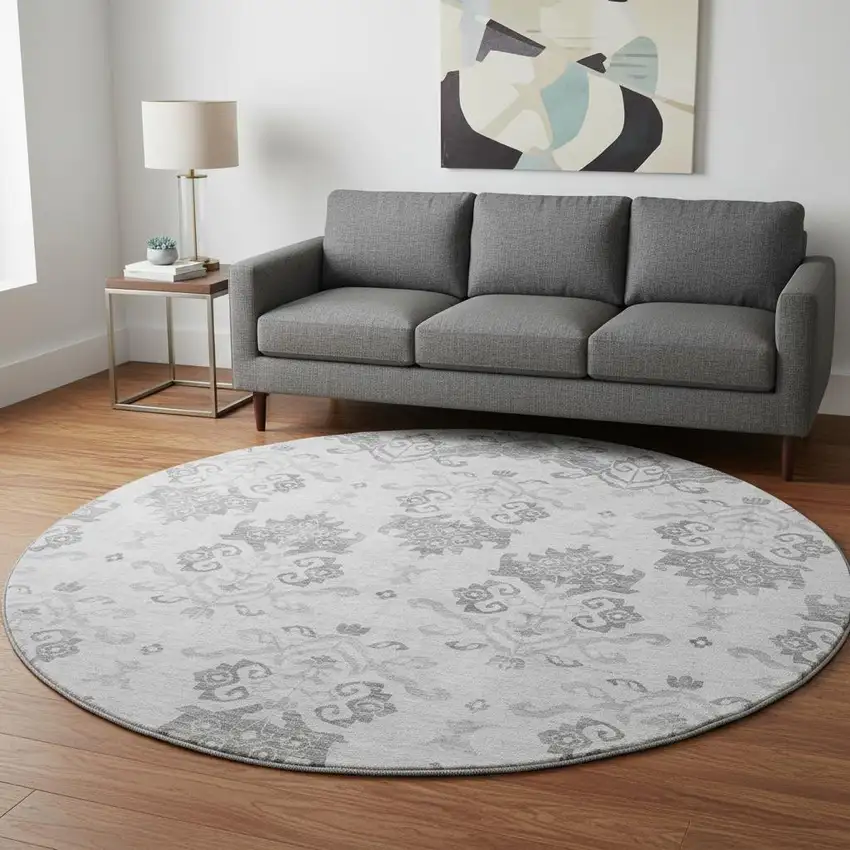 8' Graphite And Silver Medallion Washable Round Rug With UV Protection Photo 2