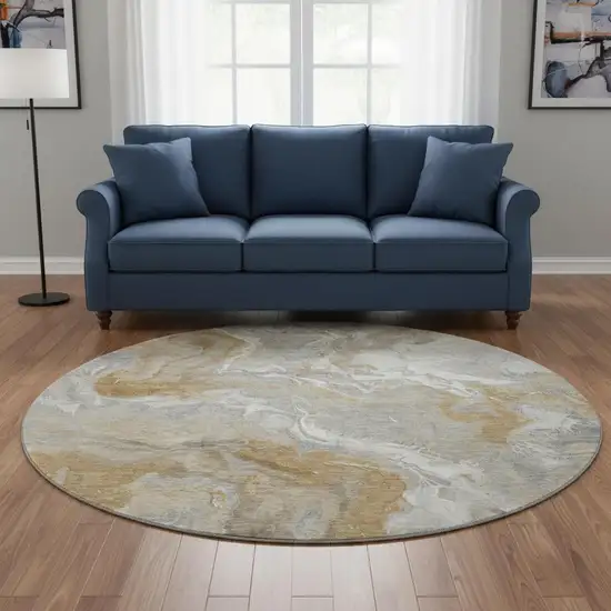 8' Graphite Beige And Ivory Abstract Washable Round Rug With UV Protection Photo 2