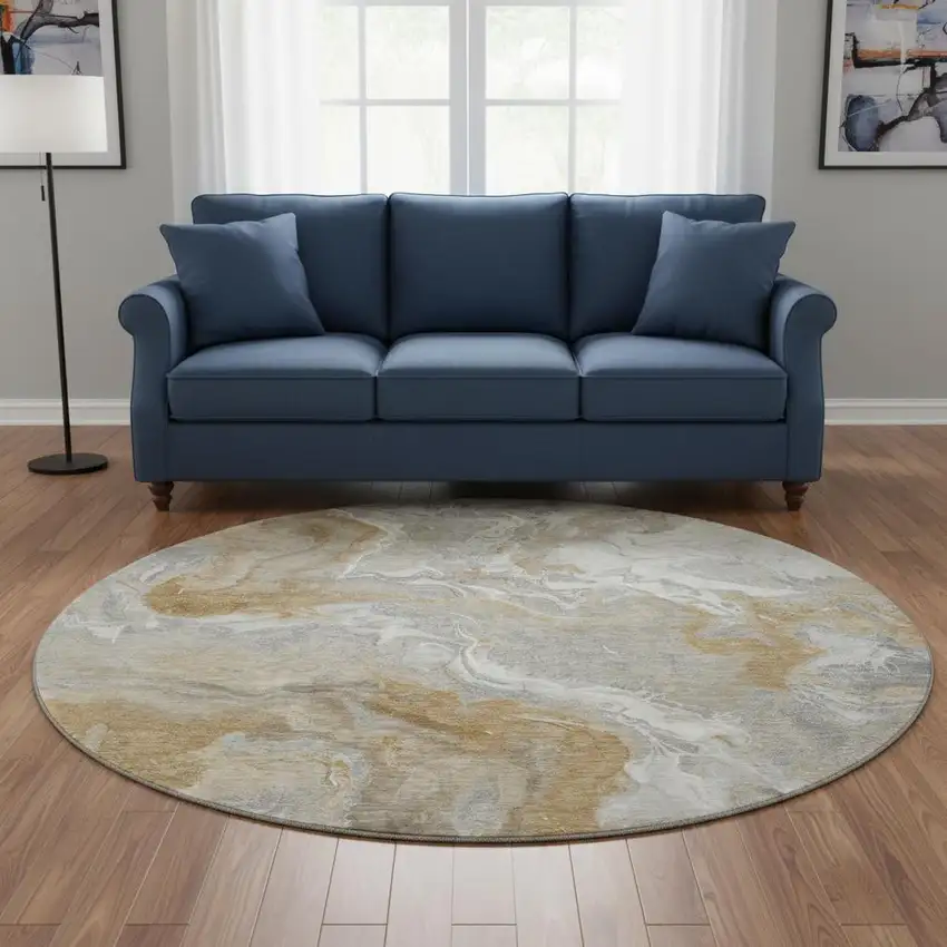 8' Graphite Beige And Ivory Abstract Washable Round Rug With UV Protection Photo 2