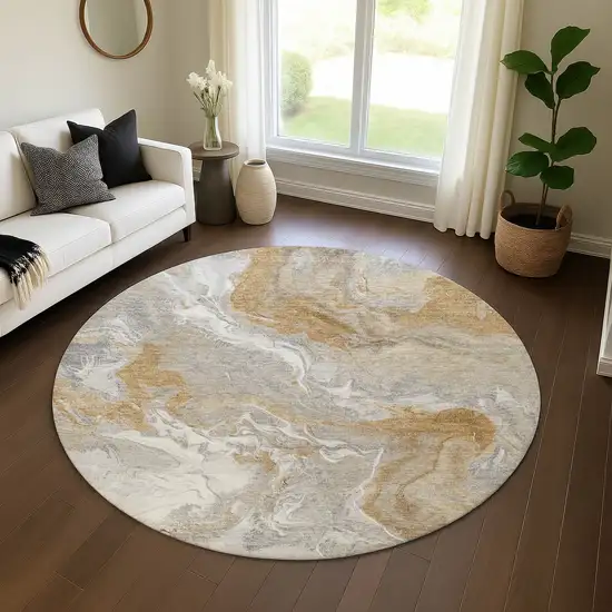8' Graphite Beige And Ivory Abstract Washable Round Rug With UV Protection Photo 4