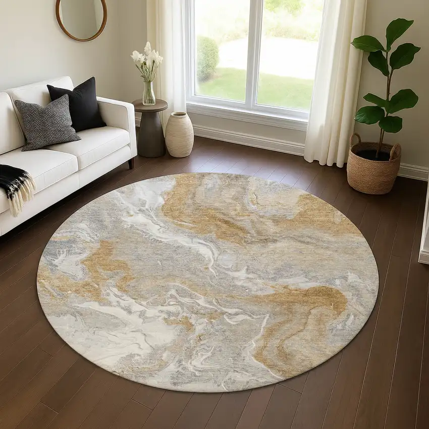 8' Graphite Beige And Ivory Abstract Washable Round Rug With UV Protection Photo 4