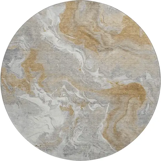 8' Graphite Beige And Ivory Abstract Washable Round Rug With UV Protection Photo 1