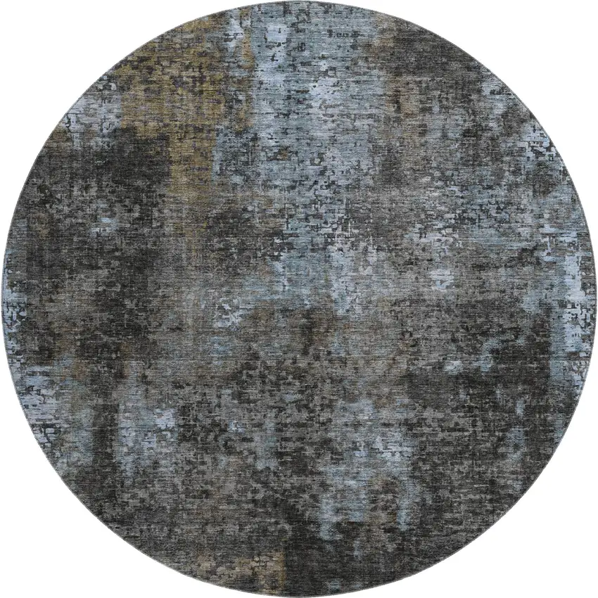 8' Graphite Blue And Copper Abstract Washable Round Rug With UV Protection Photo 1