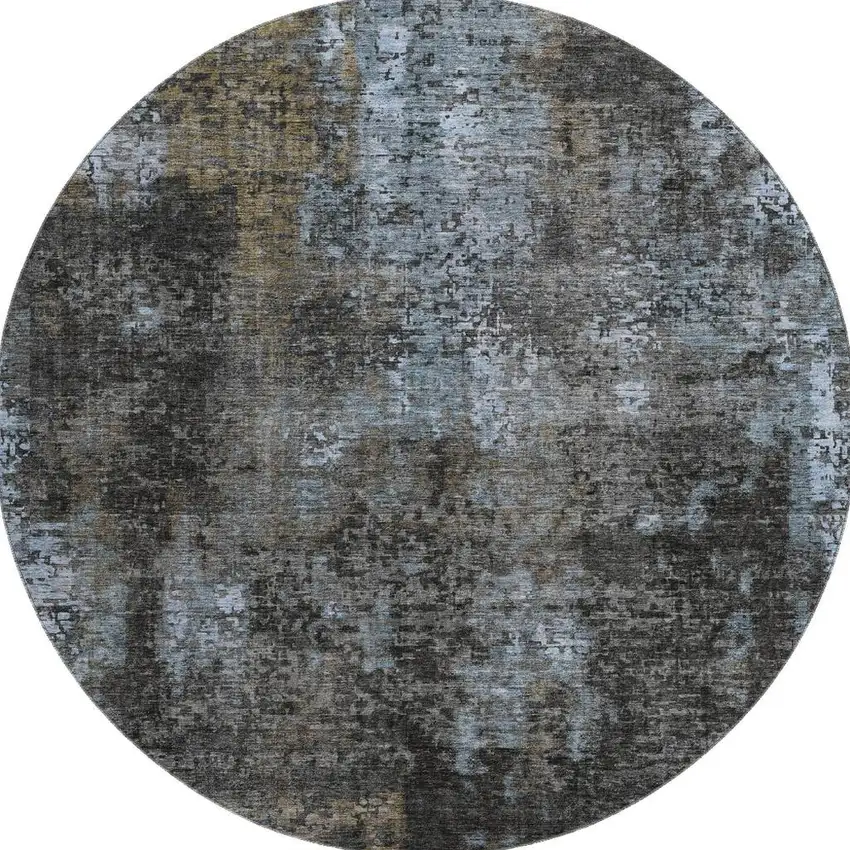 8' Graphite Blue And Copper Abstract Washable Round Rug With UV Protection Photo 4
