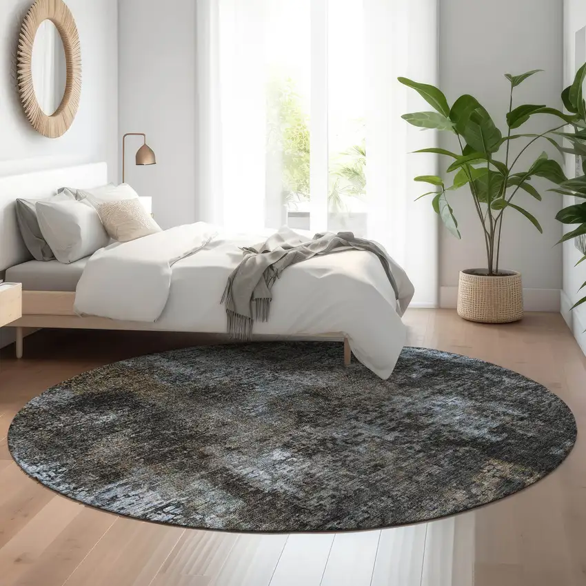 8' Graphite Blue And Copper Abstract Washable Round Rug With UV Protection Photo 5