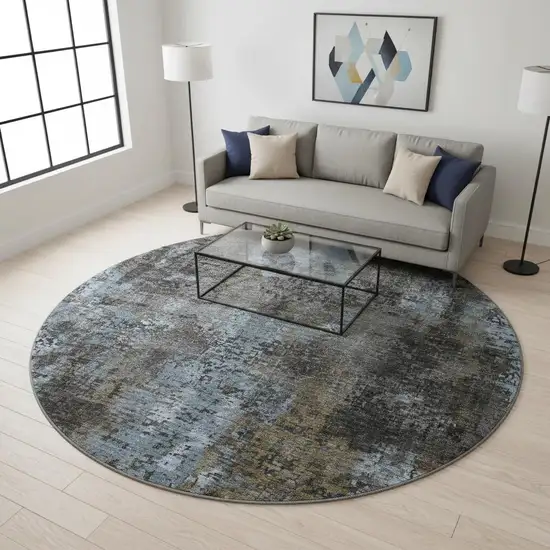 8' Graphite Blue And Copper Abstract Washable Round Rug With UV Protection Photo 2