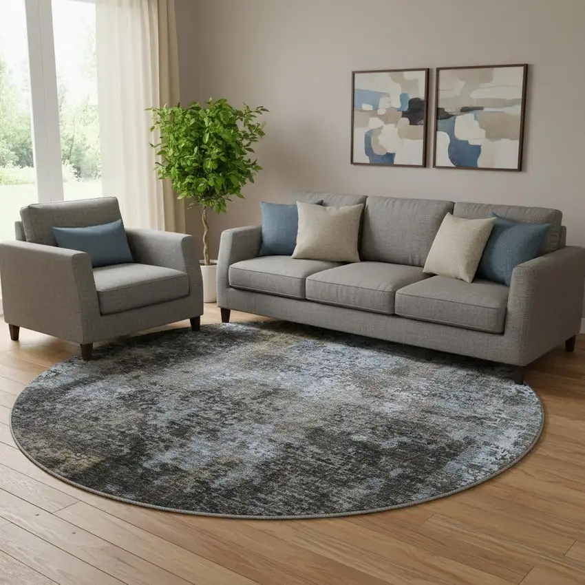 8' Graphite Blue And Copper Abstract Washable Round Rug With UV Protection Photo 1