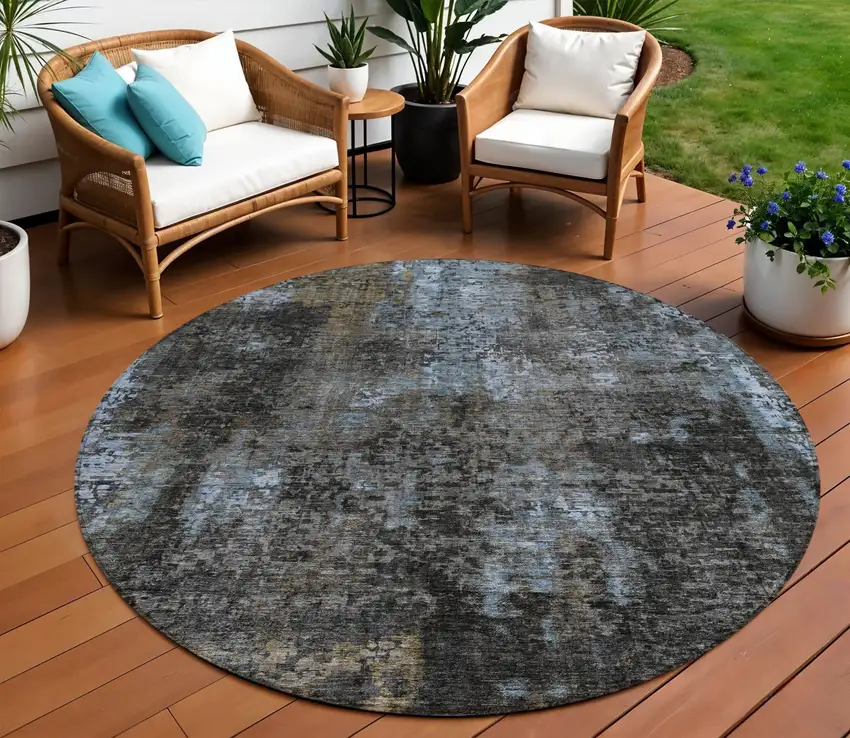 8' Graphite Charcoal And Silver Round Abstract Washable Indoor Outdoor Area Rug Photo 1