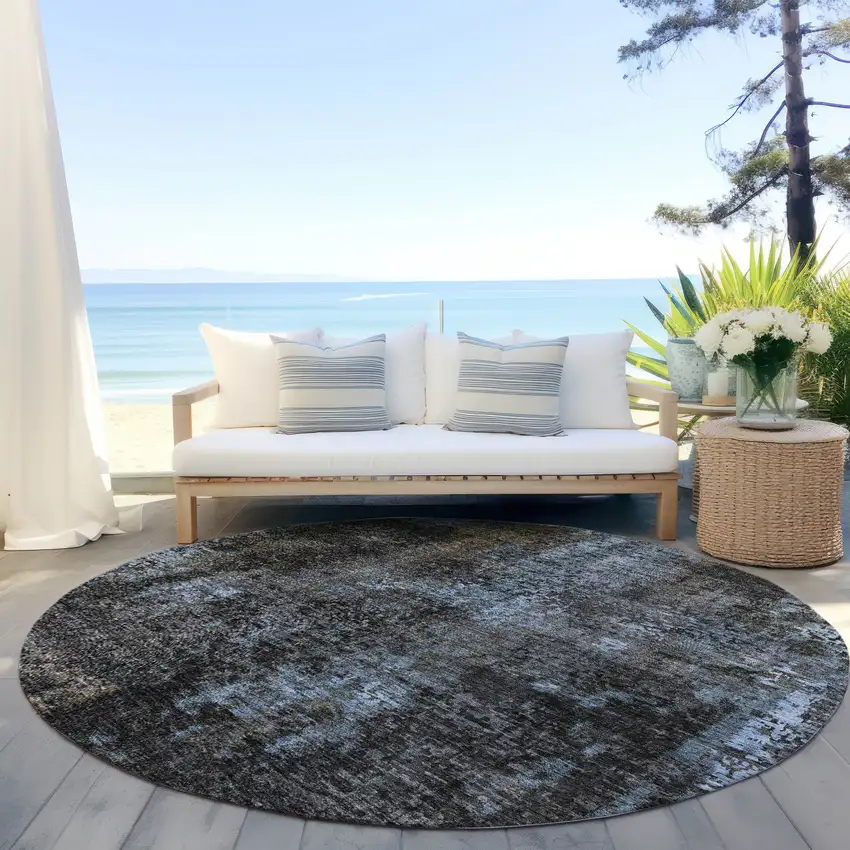 8' Graphite Charcoal And Silver Round Abstract Washable Indoor Outdoor Area Rug Photo 6