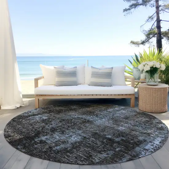 8' Graphite Charcoal And Silver Round Abstract Washable Indoor Outdoor Area Rug Photo 6