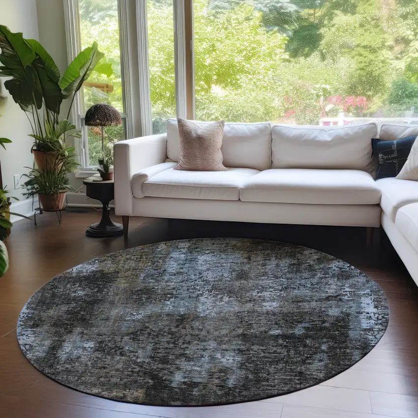 8' Graphite Charcoal And Silver Round Abstract Washable Indoor Outdoor Area Rug Photo 7