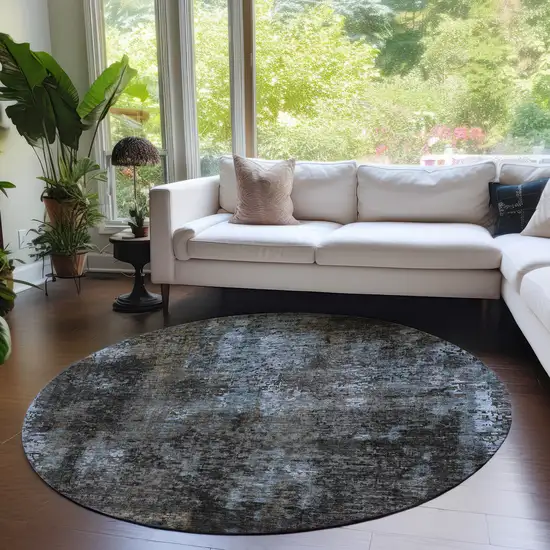 8' Graphite Charcoal And Silver Round Abstract Washable Indoor Outdoor Area Rug Photo 7