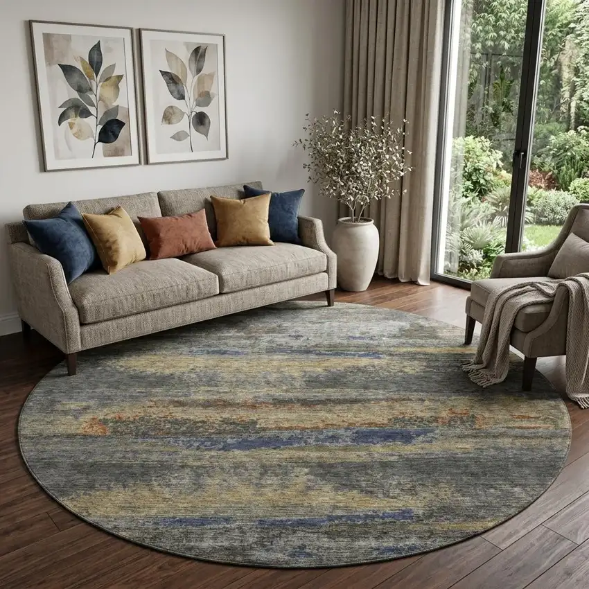 8' Graphite Gold And Blue Abstract Washable Round Rug With UV Protection Photo 2