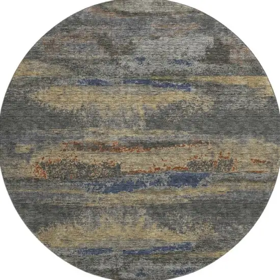 8' Graphite Gold And Blue Abstract Washable Round Rug With UV Protection Photo 3