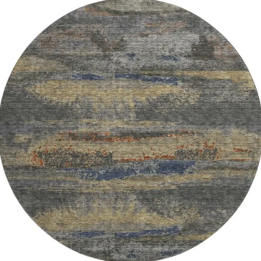 8' Graphite Gold And Blue Abstract Washable Round Rug With UV Protection Photo 3