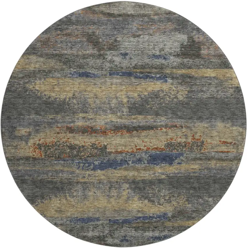 8' Graphite Gold And Blue Abstract Washable Round Rug With UV Protection Photo 1