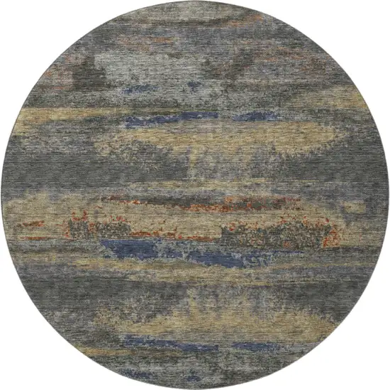 8' Graphite Gold And Blue Abstract Washable Round Rug With UV Protection Photo 3
