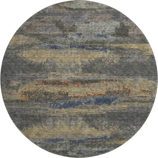 8' Graphite Gold And Blue Abstract Washable Round Rug With UV Protection Photo 1