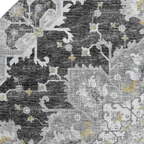 8' Graphite Gold And Charcoal Floral Medallion Washable Round Rug With UV Protection Photo 4