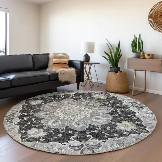 8' Graphite Gold And Charcoal Floral Medallion Washable Round Rug With UV Protection Photo 6