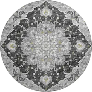 Photo of 8' Graphite Gold And Charcoal Floral Medallion Washable Round Rug With UV Protection