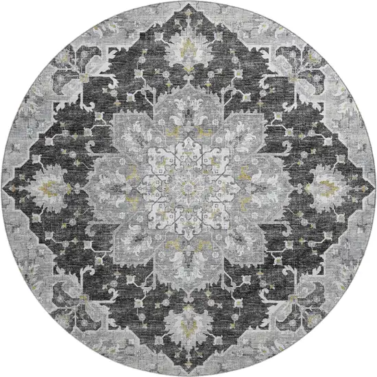 8' Graphite Gold And Charcoal Floral Medallion Washable Round Rug With UV Protection Photo 2