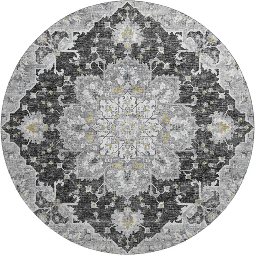 8' Graphite Gold And Charcoal Floral Medallion Washable Round Rug With UV Protection Photo 2