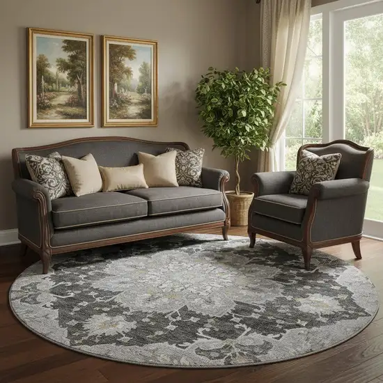 8' Graphite Gold And Charcoal Floral Medallion Washable Round Rug With UV Protection Photo 1