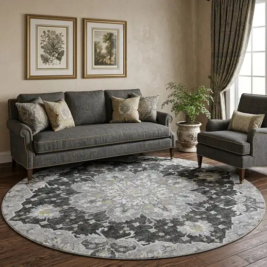 8' Graphite Gold And Charcoal Floral Medallion Distressed Washable Round Rug With UV Protection Photo 1