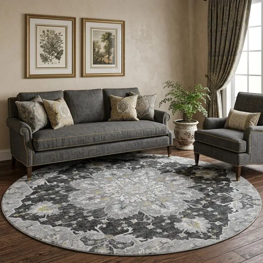 8' Graphite Gold And Charcoal Floral Medallion Distressed Washable Round Rug With UV Protection Photo 1