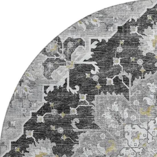 8' Graphite Gold And Charcoal Floral Medallion Washable Round Rug With UV Protection Photo 5