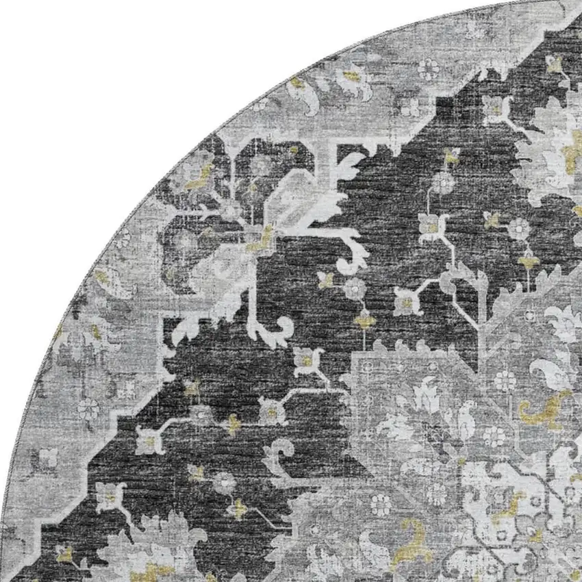8' Graphite Gold And Charcoal Floral Medallion Washable Round Rug With UV Protection Photo 5