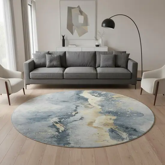8' Graphite Gold And Silver Abstract Washable Round Rug With UV Protection Photo 2