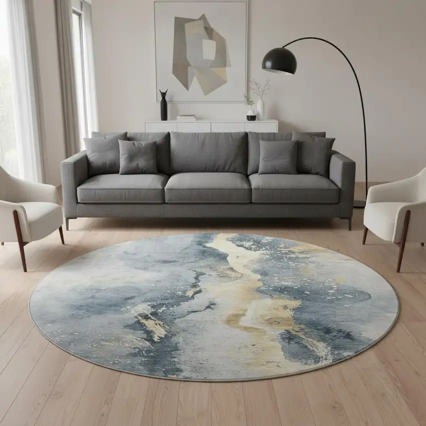 8' Graphite Gold And Silver Abstract Washable Round Rug With UV Protection Photo 2