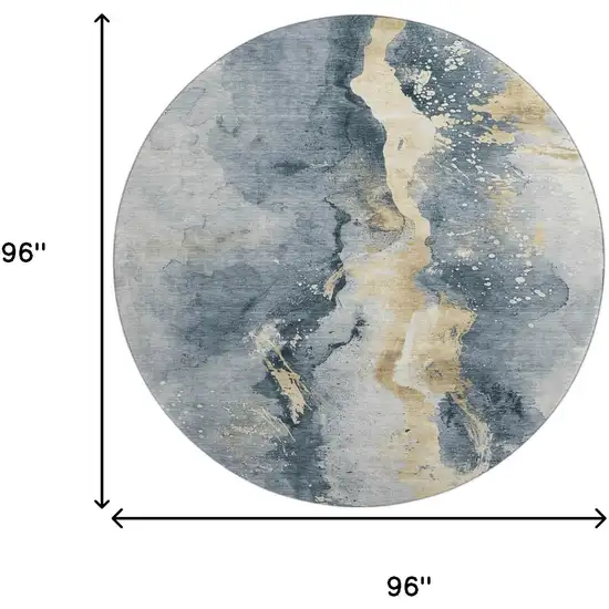 8' Graphite Gold And Silver Abstract Washable Round Rug With UV Protection Photo 9