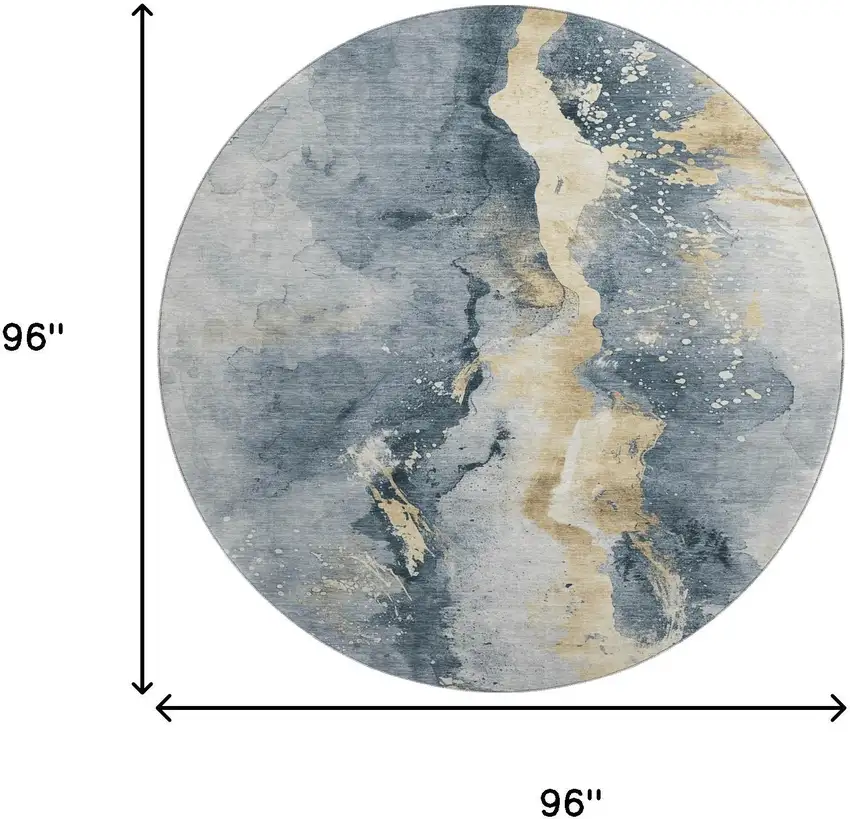 8' Graphite Gold And Silver Abstract Washable Round Rug With UV Protection Photo 9
