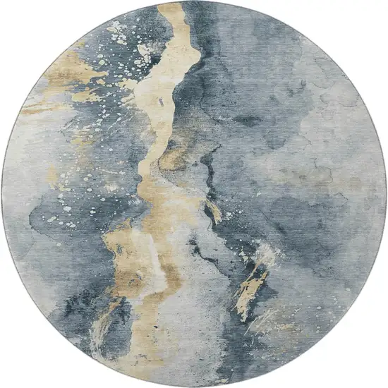 8' Graphite Gold And Silver Abstract Washable Round Rug With UV Protection Photo 3