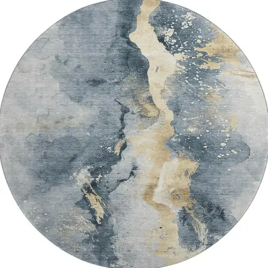 8' Graphite Gold And Silver Abstract Washable Round Rug With UV Protection Photo 2