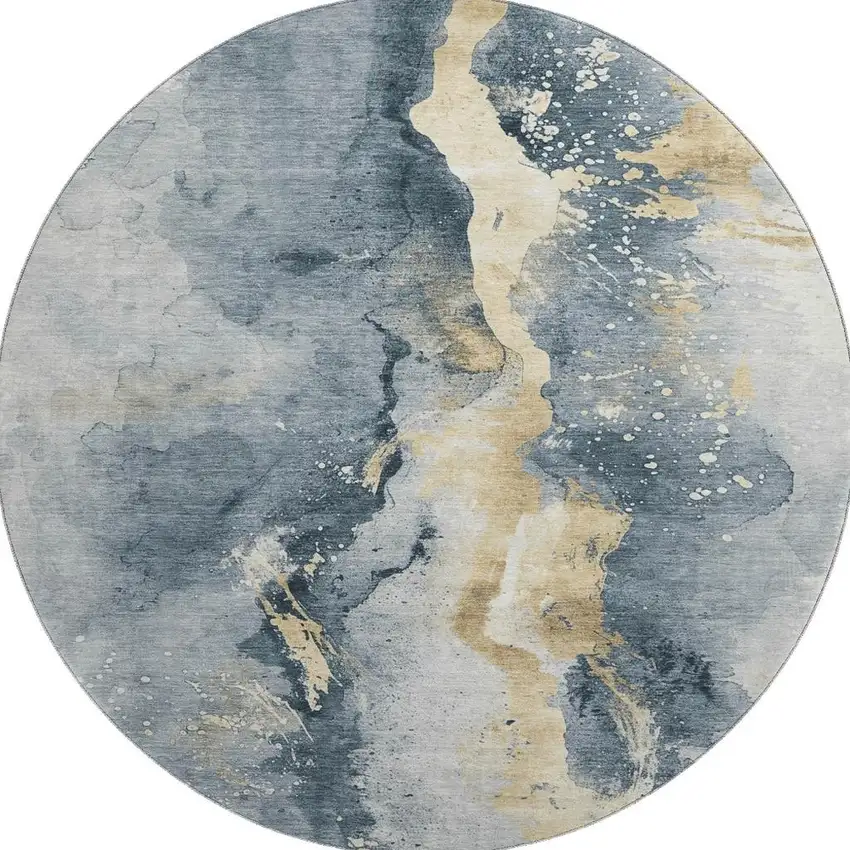 8' Graphite Gold And Silver Abstract Washable Round Rug With UV Protection Photo 2
