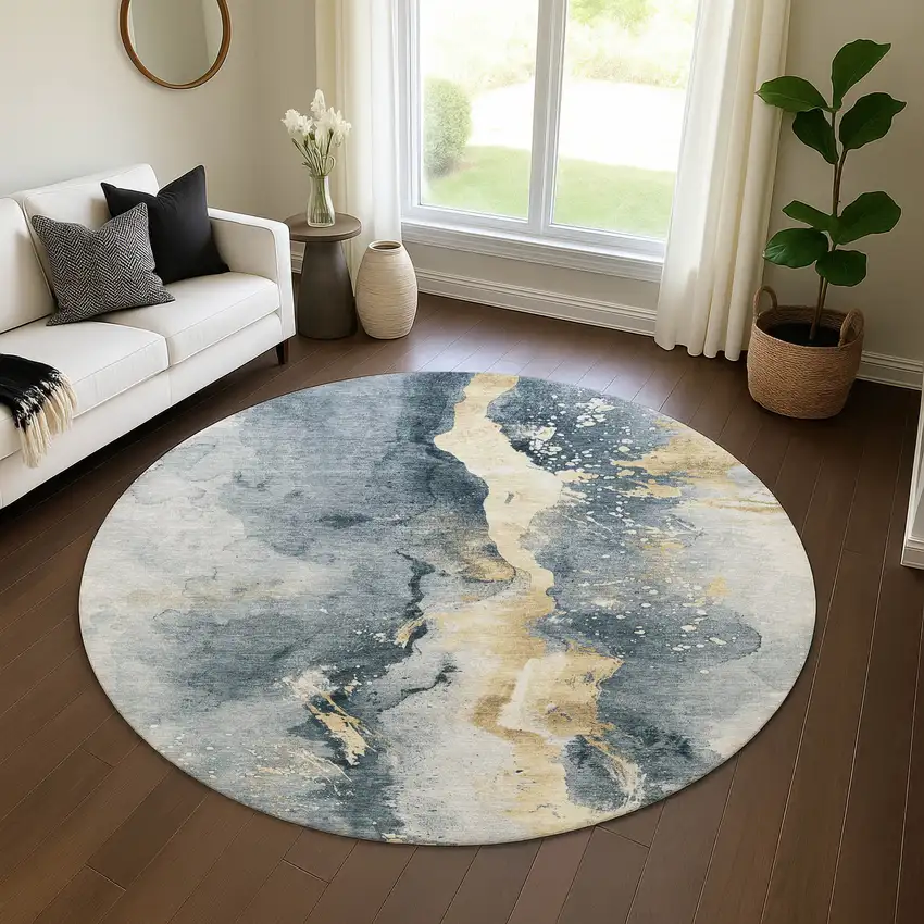 8' Graphite Gold And Silver Abstract Washable Round Rug With UV Protection Photo 4