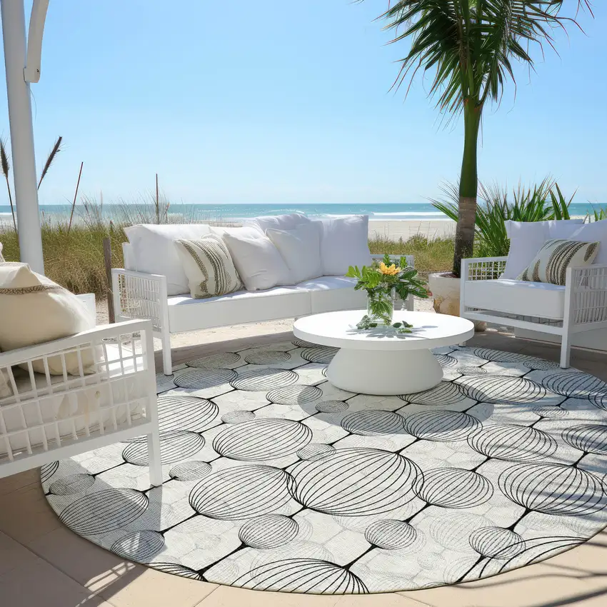 8' Graphite Gray And Silver Round Geometric Washable Indoor Outdoor Area Rug Photo 6