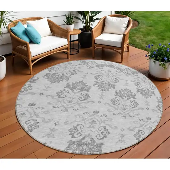 8' Graphite Gray And Silver Round Oriental Washable Indoor Outdoor Area Rug Photo 1