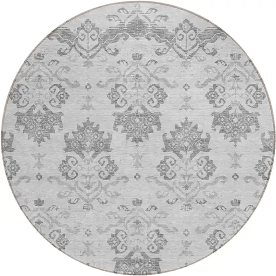 8' Graphite Gray And Silver Round Oriental Washable Indoor Outdoor Area Rug Photo 1