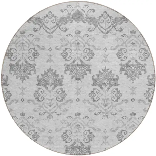 8' Graphite Gray And Silver Round Oriental Washable Indoor Outdoor Area Rug Photo 1