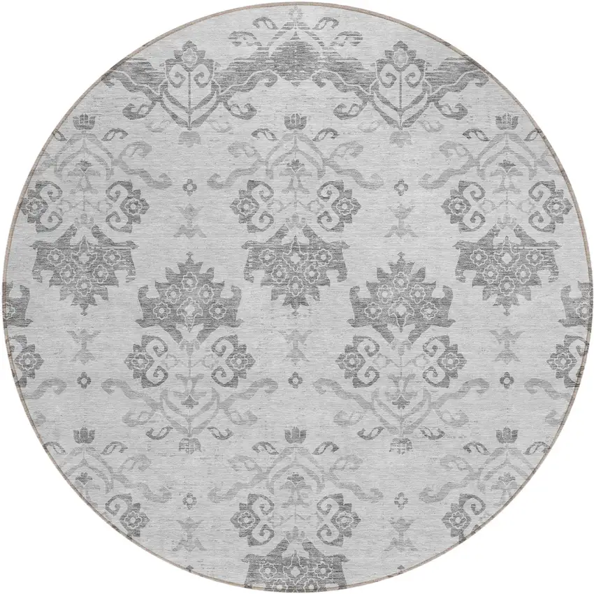 8' Graphite Gray And Silver Round Oriental Washable Indoor Outdoor Area Rug Photo 1