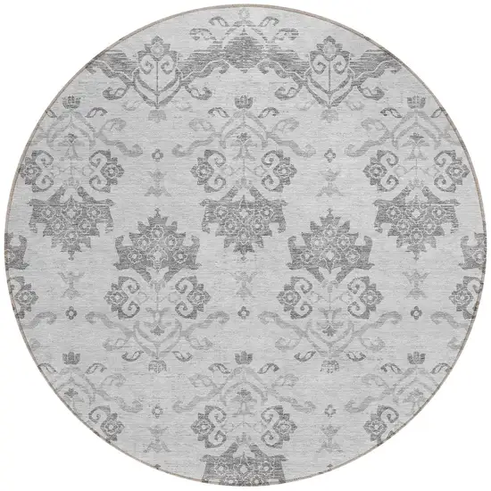 8' Graphite Gray And Silver Round Oriental Washable Indoor Outdoor Area Rug Photo 5